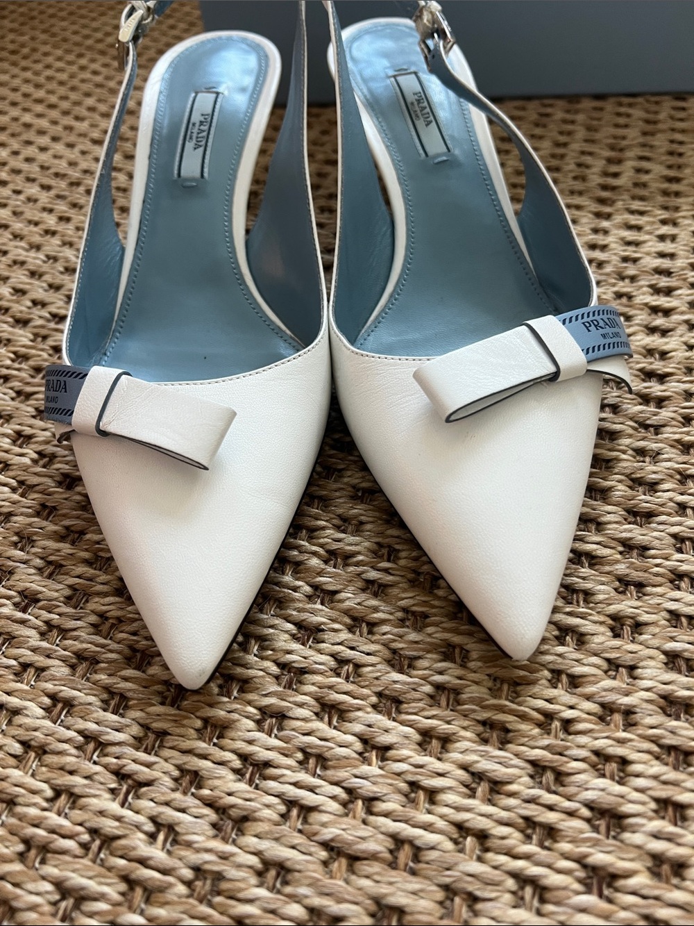 Prada White Leather Pointed Slingback Kitten Heels with Blue Prada Bow! - Picture 12 of 12